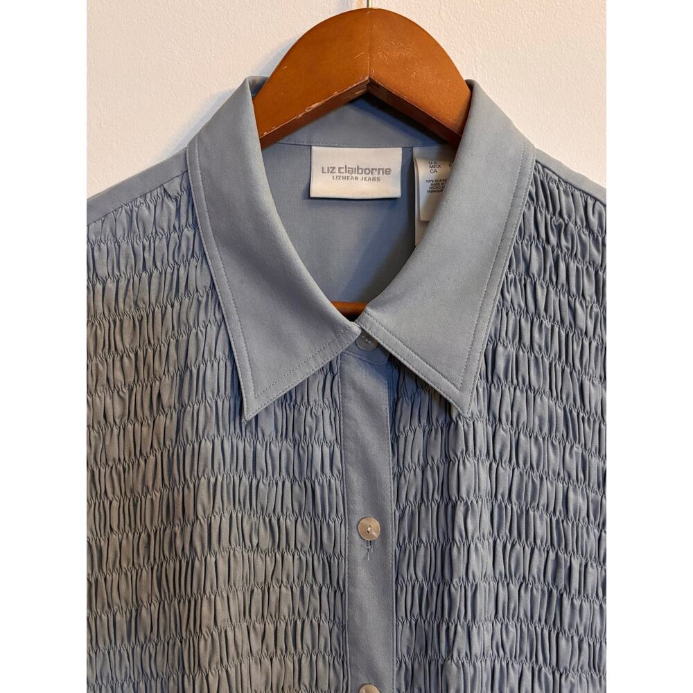 Liz Claiborne Silk Smocked Blouse Blue Button Front Ruffle Hem XL - Picture 3 of 7